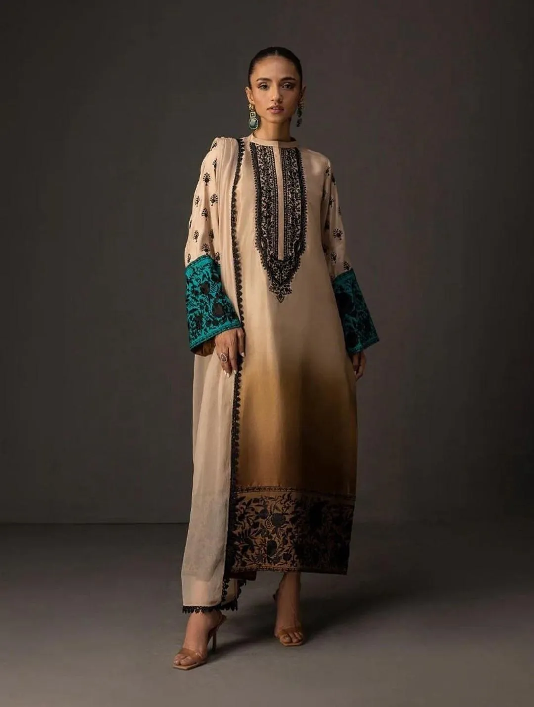 Unstitched Printed Silk Suit Beige for Weddings & Daily Wear
