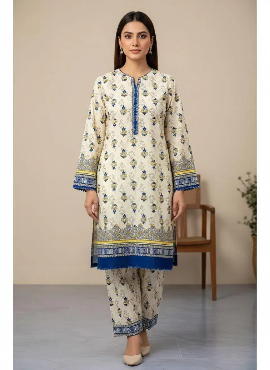 Women Unstitched Printed Suit Yellow Polo Cotton 2 Pcs