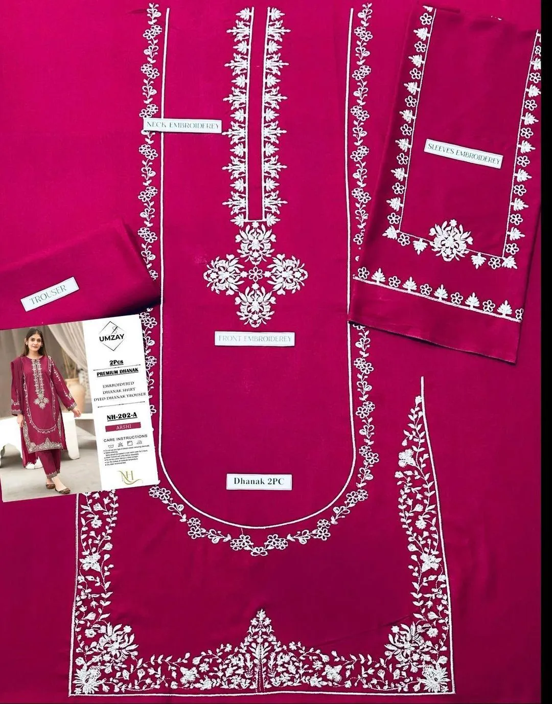 2-piece embroidered Dhanak suit pink for weddings parties