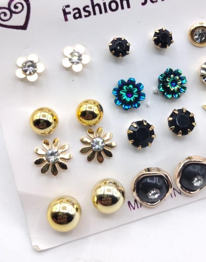 Artificial Stone Ear Studs Gold Black Green 10 Pairs