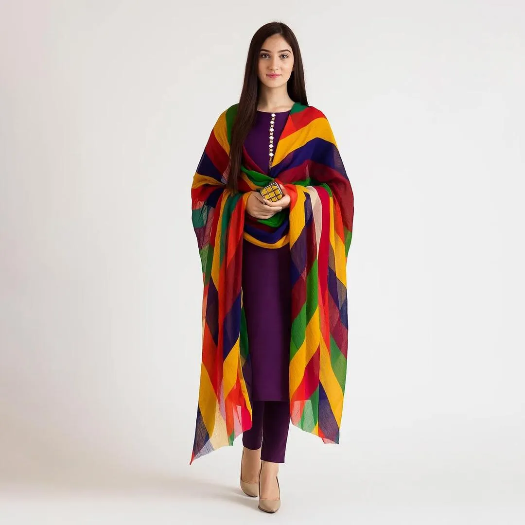 Purple Katan Silk 3-Piece Suit with Rainbow Dupatta
