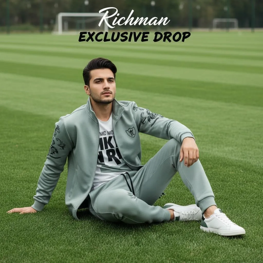 Men Fleece Printed Track Suit Grey Slim Fit Winter