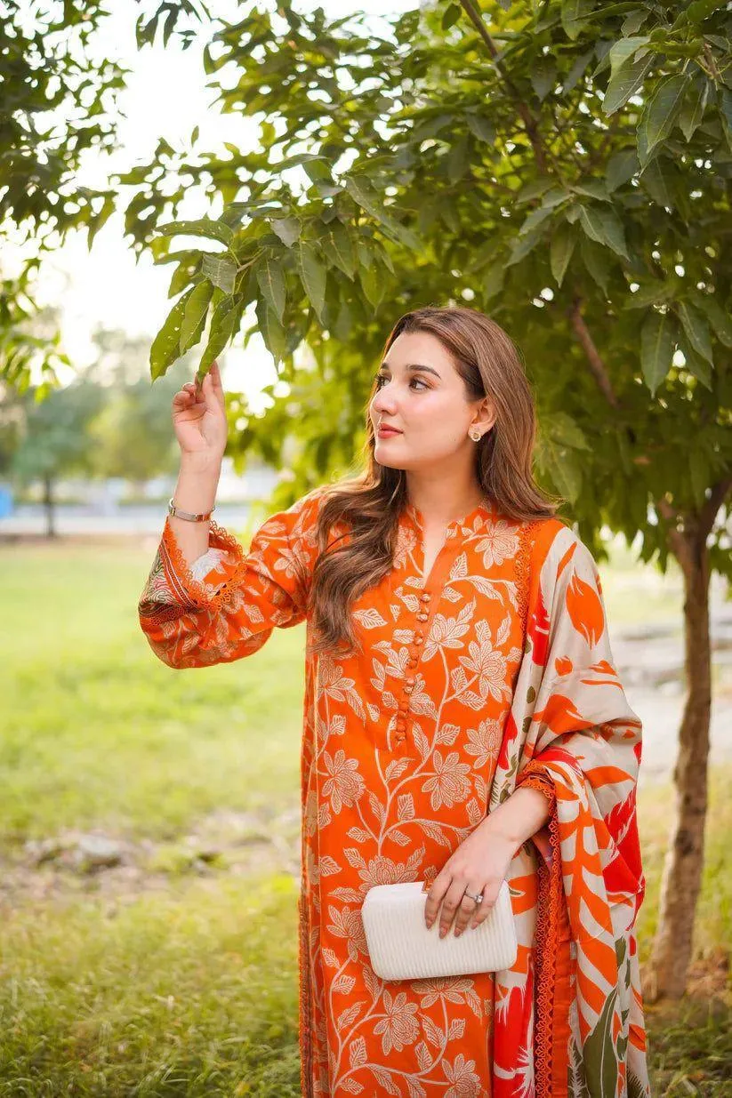 Orange Printed 3-Piece Lawn Suit for Eid Party Wear