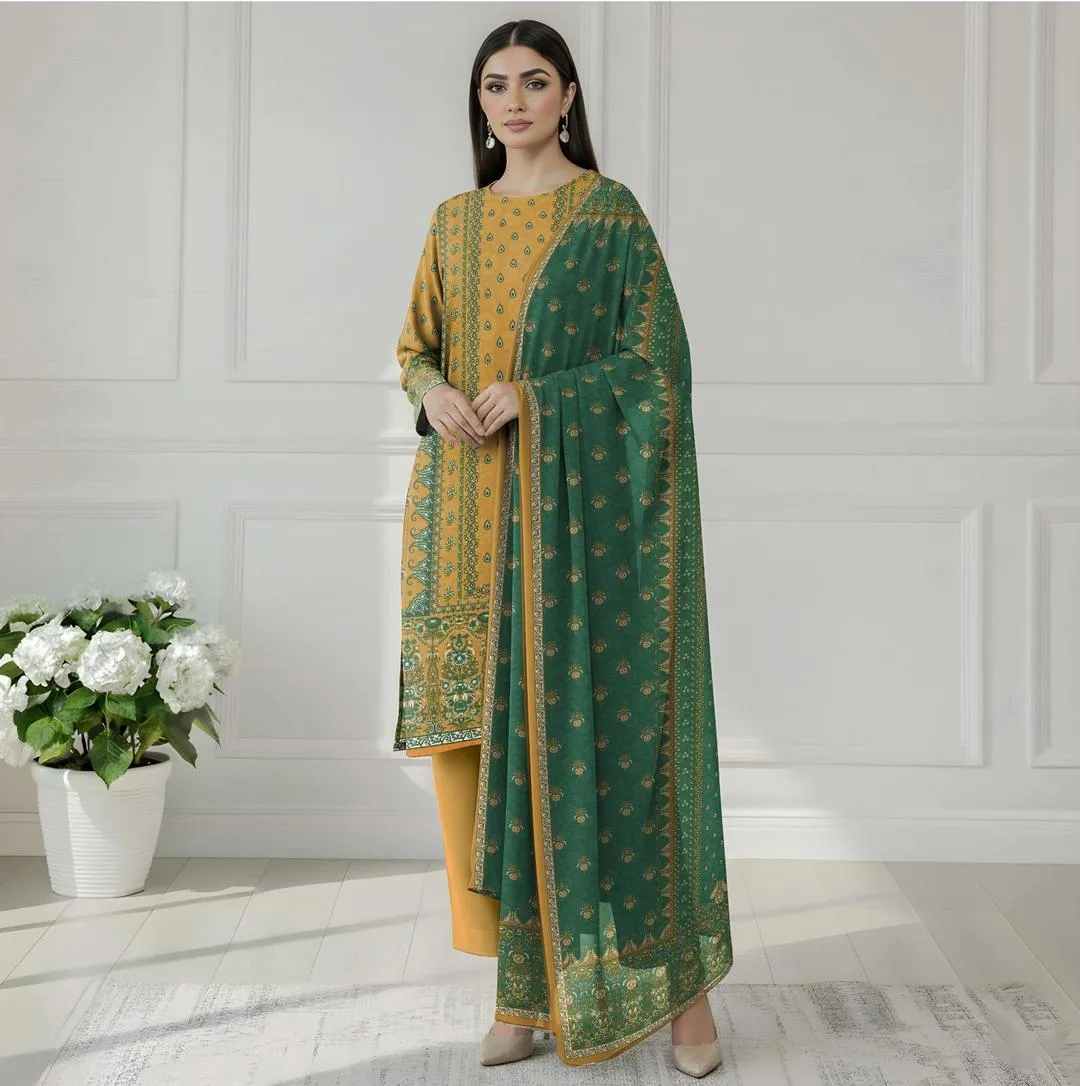 Green Embroidered Kurta Set with Yellow Trousers & Scarf