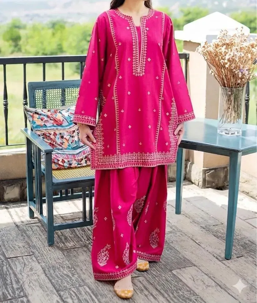 Pink Embroidered Lawn Shirt & Cotton Trouser Set