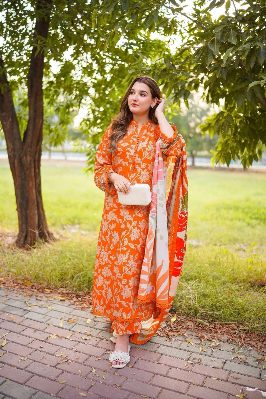 Orange Printed 3-Piece Lawn Suit for Eid Party Wear