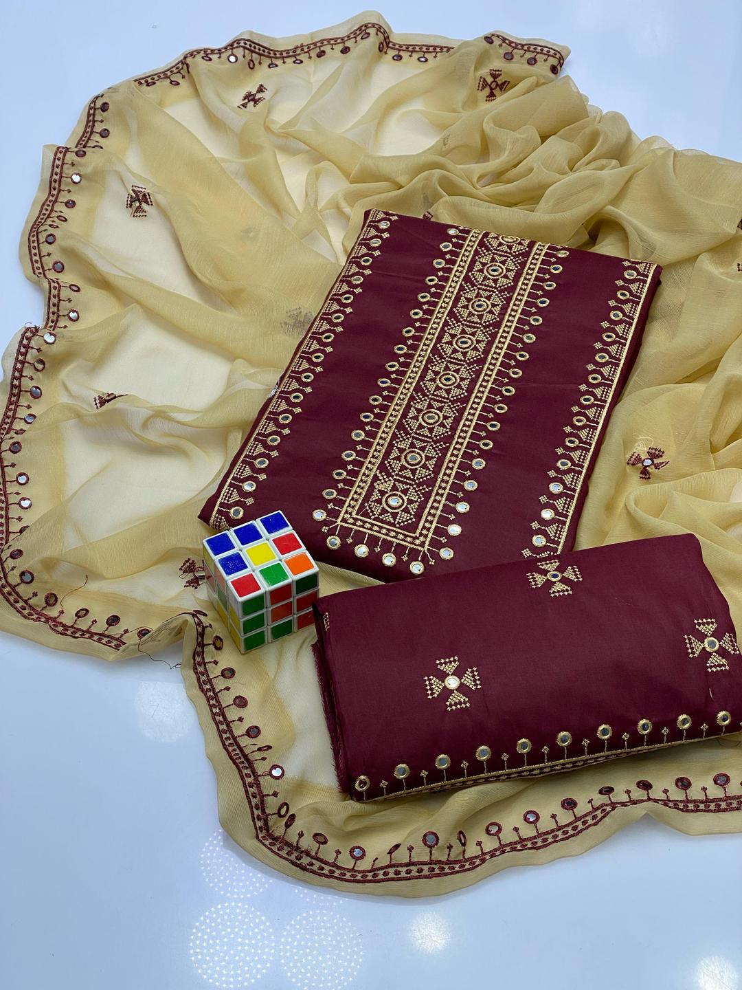 Maroon Gold Embroidered 3-Piece Unstitched Suit for Bakra Eid