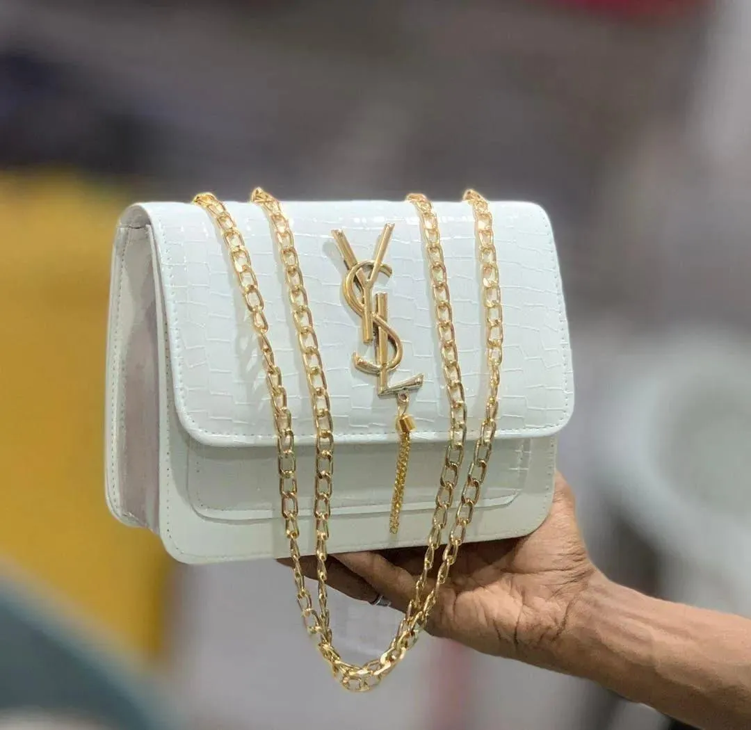 White Croc Leather Handbag with Gold Chain Strap