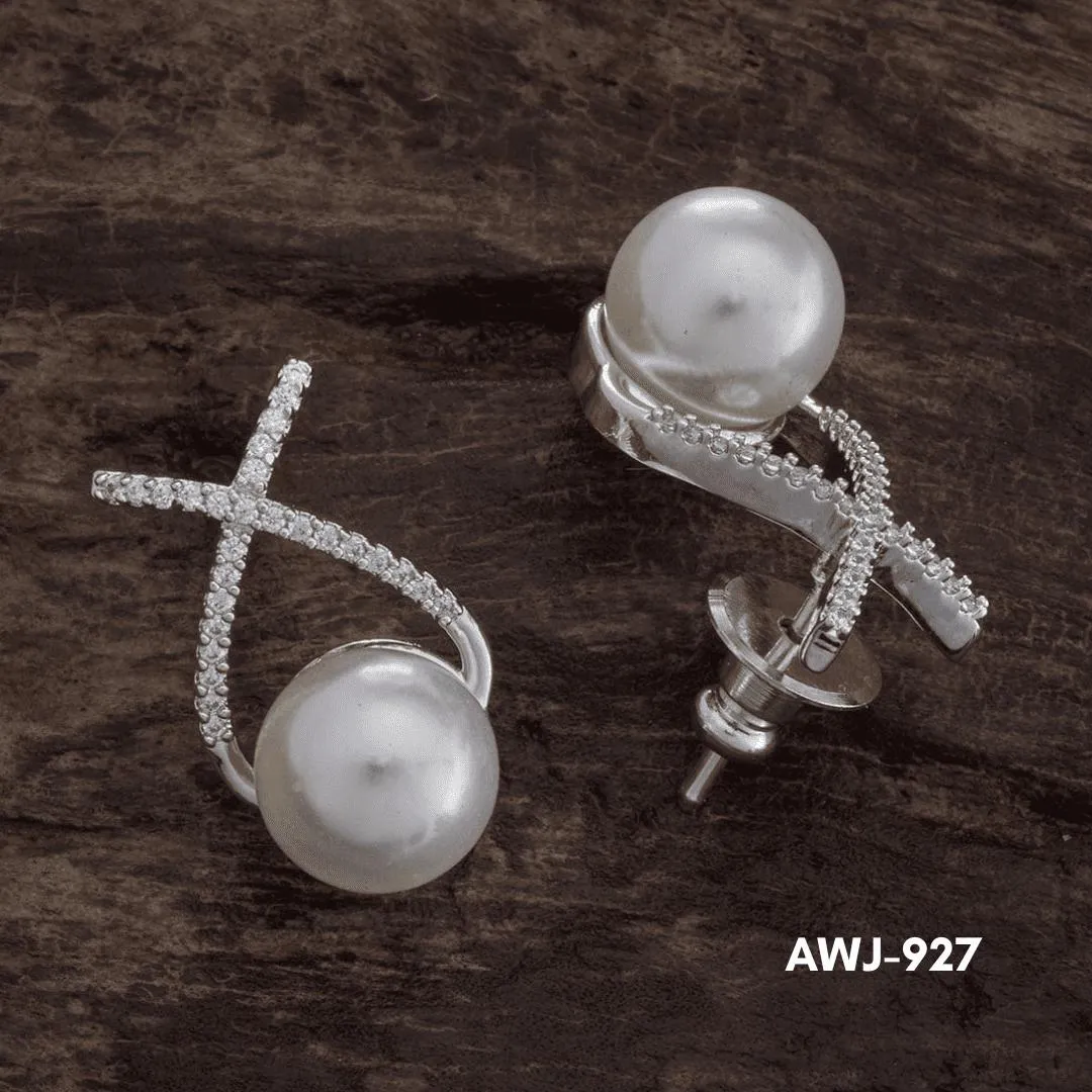 Cross Zircon Pearl Earrings Silver Gold Set