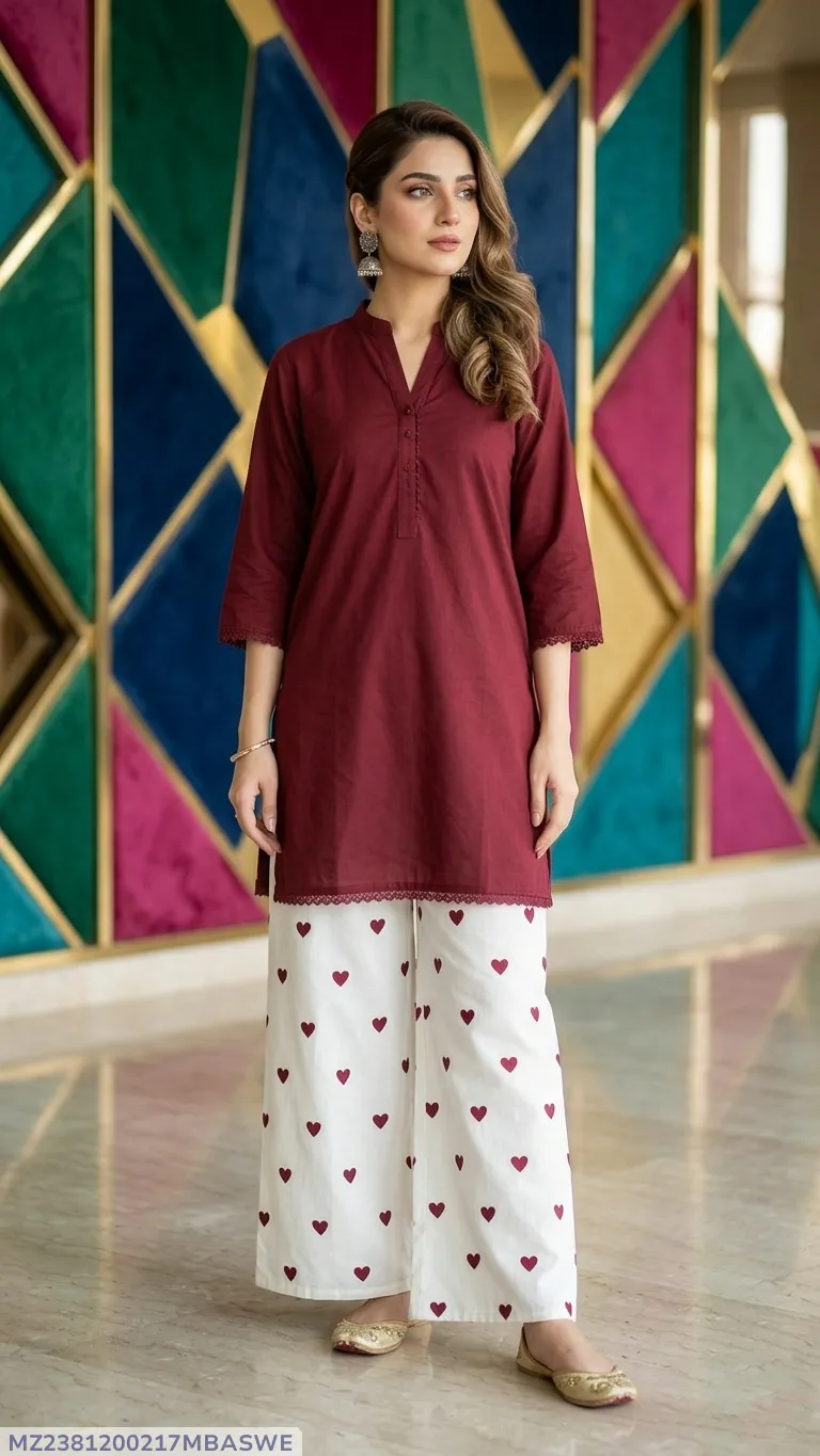 2Pcs Women's Stitched Cotton Lawn Block Printed Shirt And Flapper Viral Heart Printed