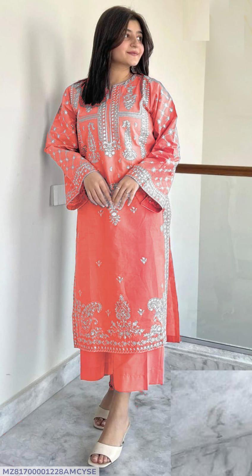 Pink Lawn 2-Piece Embroidered Suit for Women