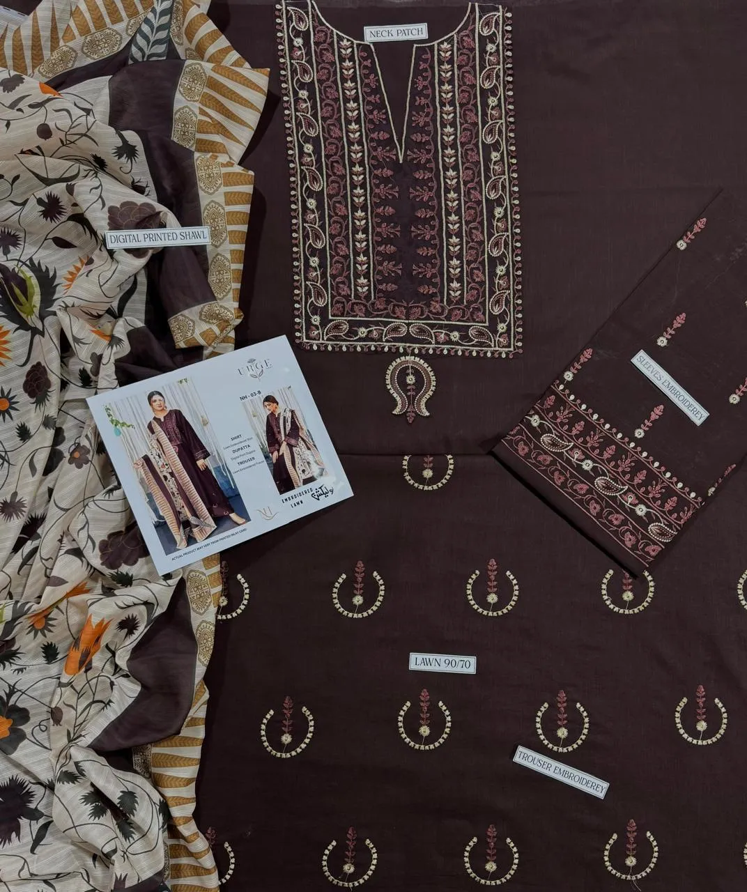 3-Piece Brown Lawn Embroidered Suit with Printed Dupatta