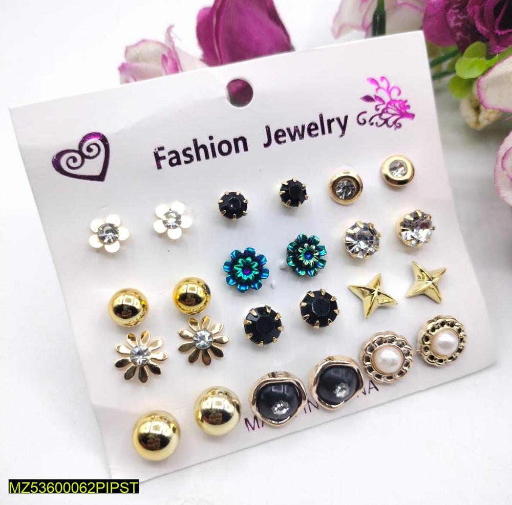 Artificial Stone Ear Studs Gold Black Green 10 Pairs