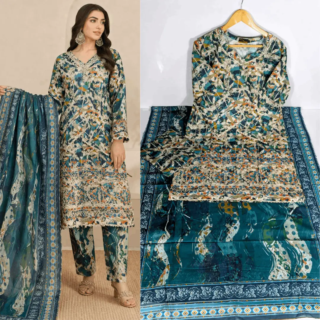 3 Pcs Women's Stitched Lawn Embroidered Suit