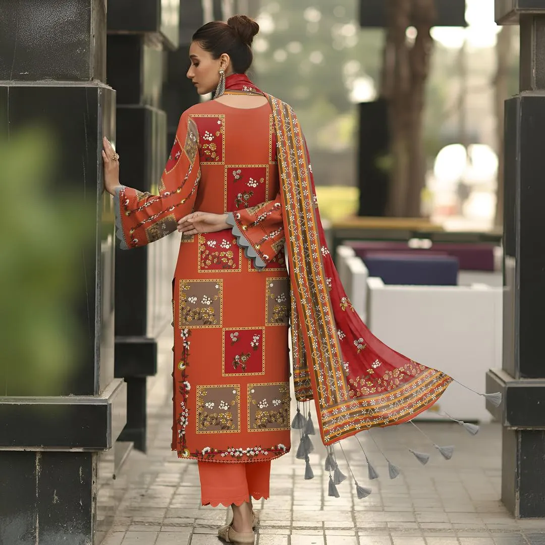Pakistani Printed Embroidered Kurta Set Orange Red