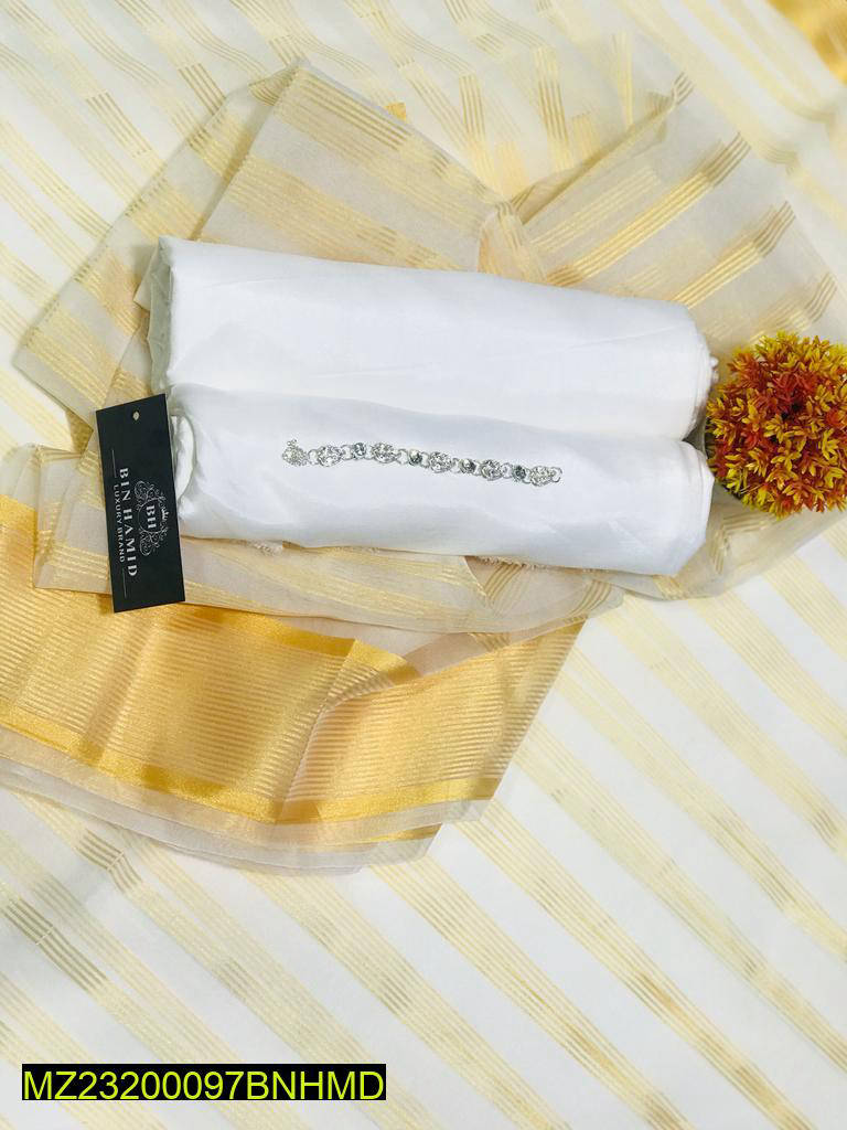 3-Piece Katan Chamki Suit Yellow White Wedding Office