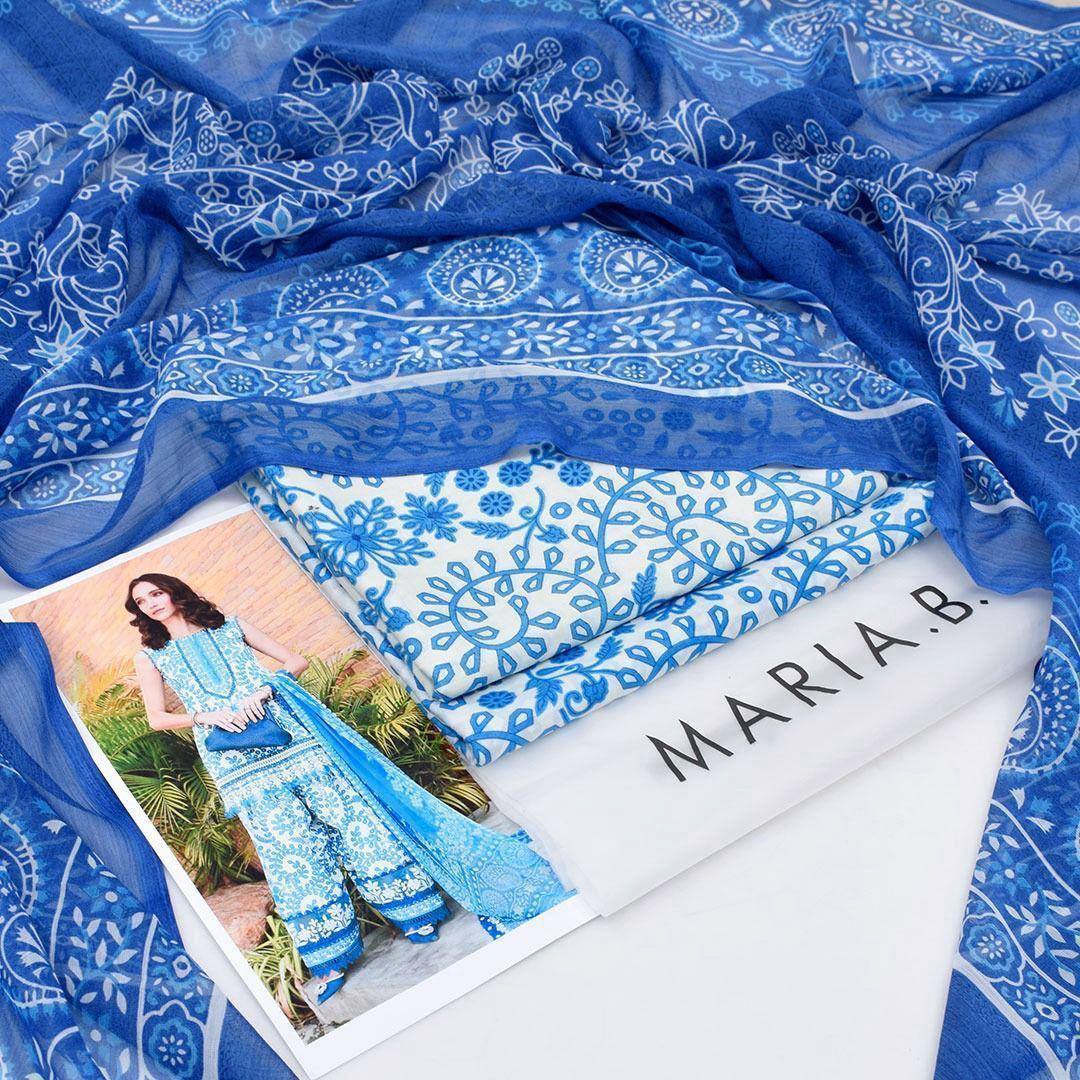 Printed Lawn 3-Piece Suit Blue White Floral Pakistan