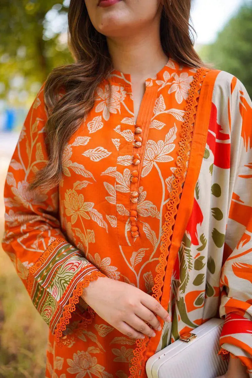 Orange Printed 3-Piece Lawn Suit for Eid Party Wear