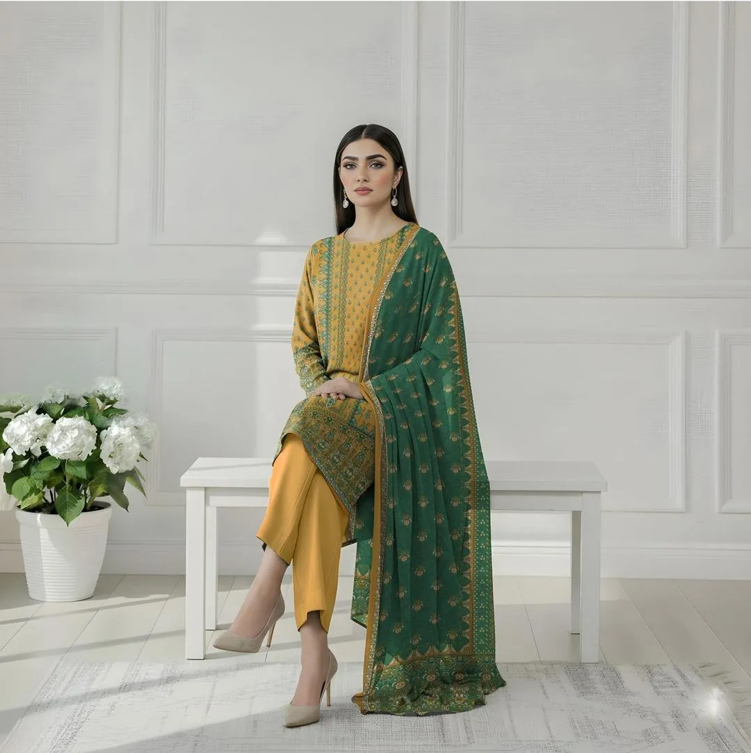 Green Embroidered Kurta Set with Yellow Trousers & Scarf