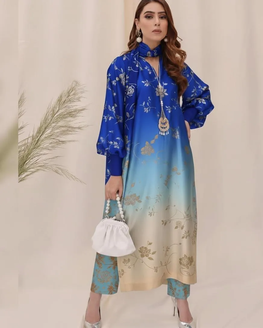 Women's 3-Piece Silk Suit Blue Gradient Floral Eid Wedding Set