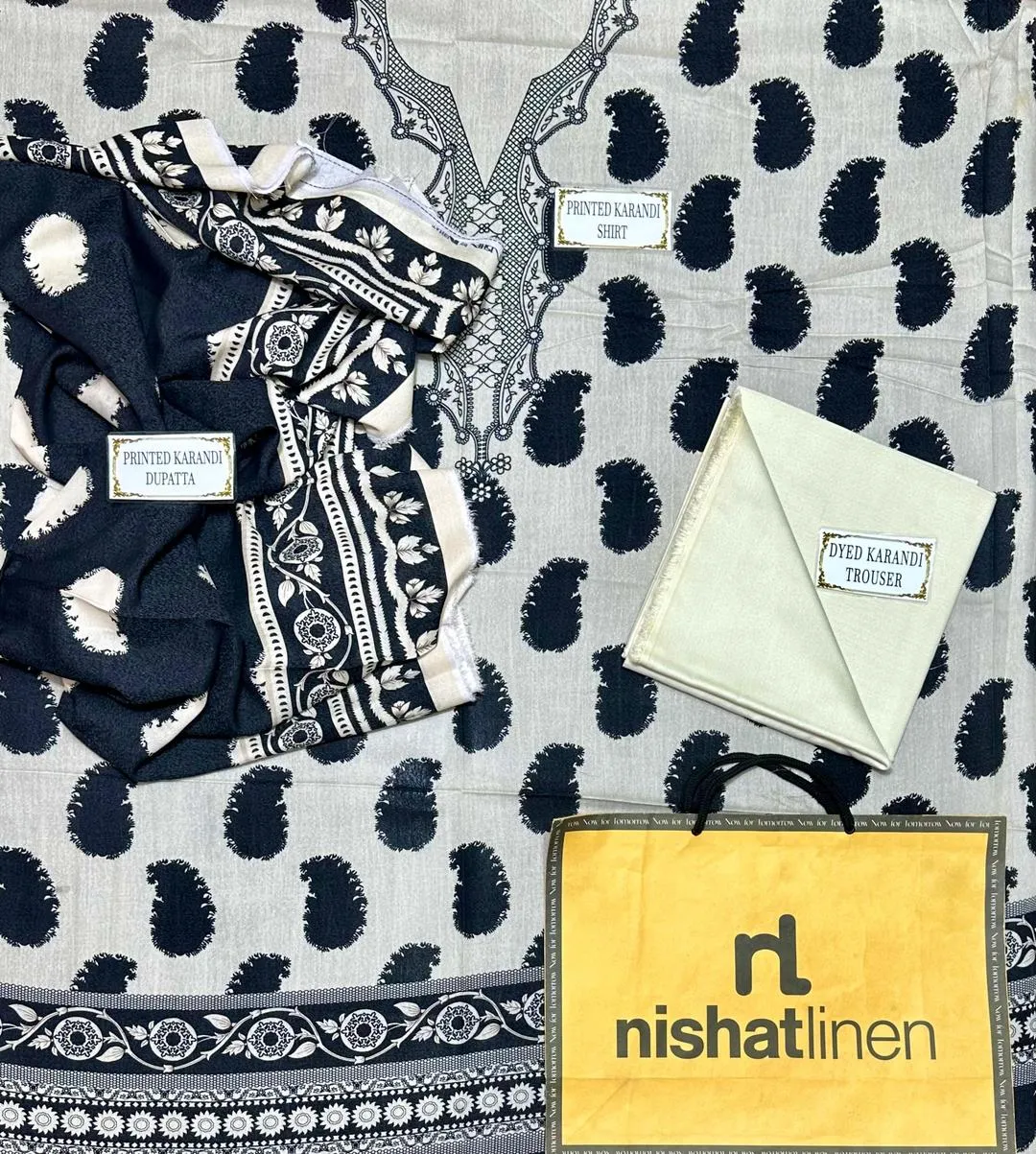 3-Piece Printed Karandi Suit Off-White Black