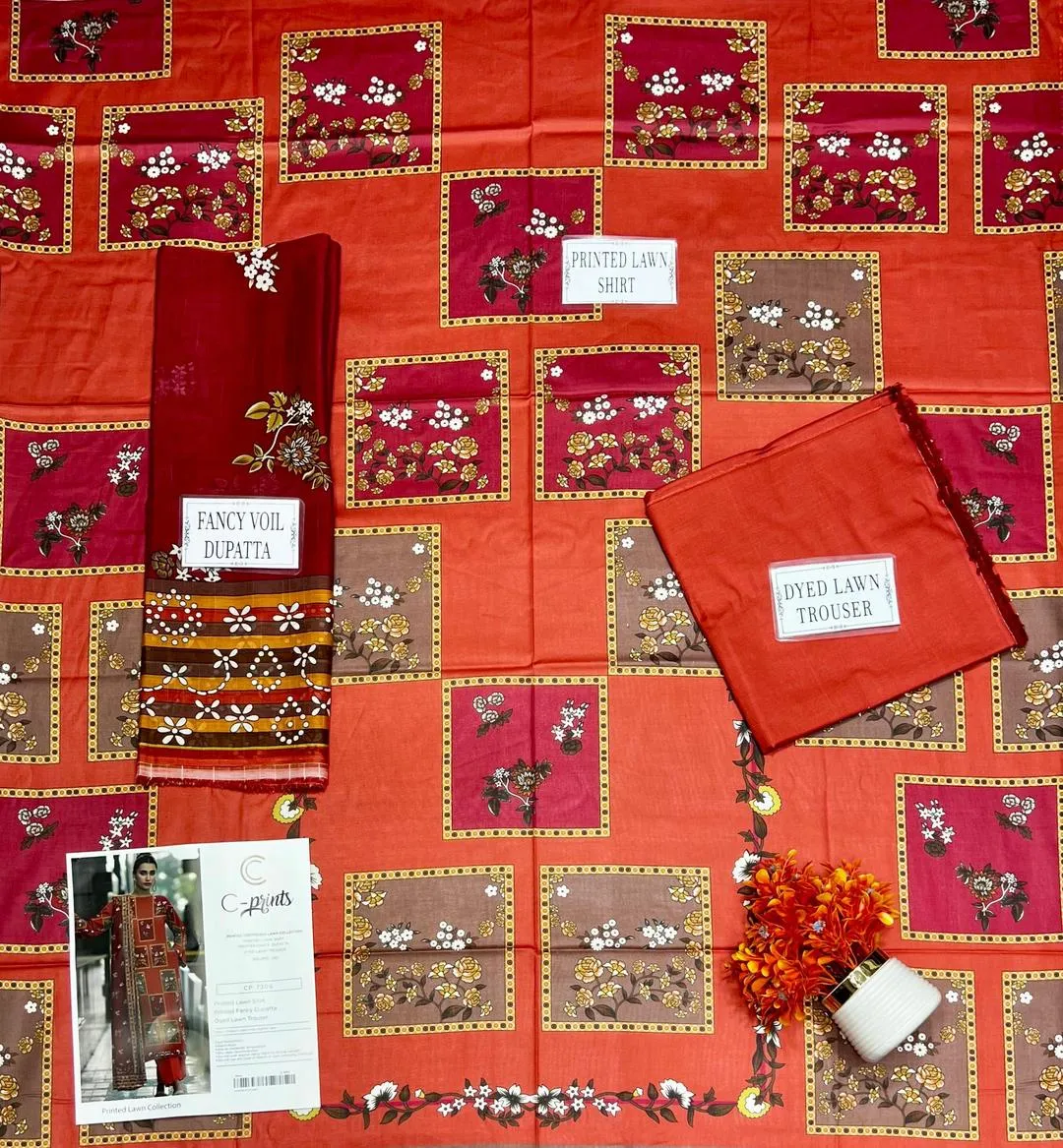 Pakistani Printed Embroidered Kurta Set Orange Red