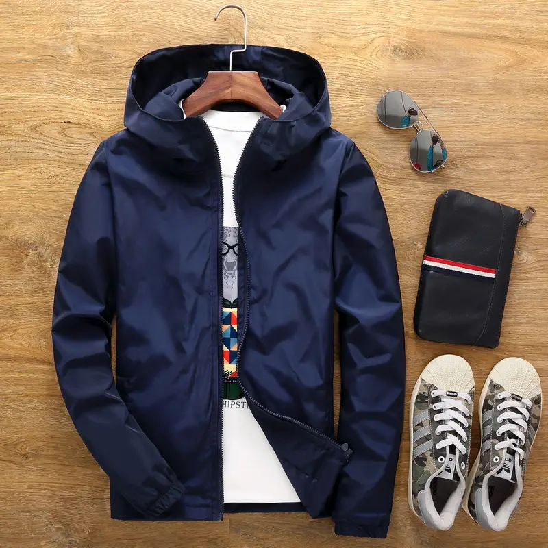 Men Hooded Windbreaker Jacket Navy Blue 4XL