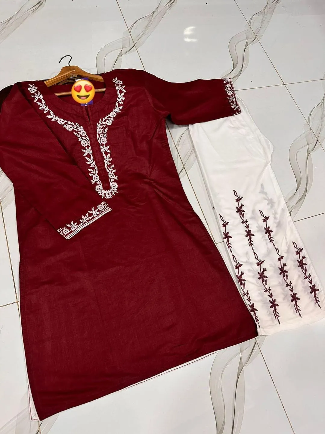 Women Embroidered Cotton Pajama Set Red White 2Pcs