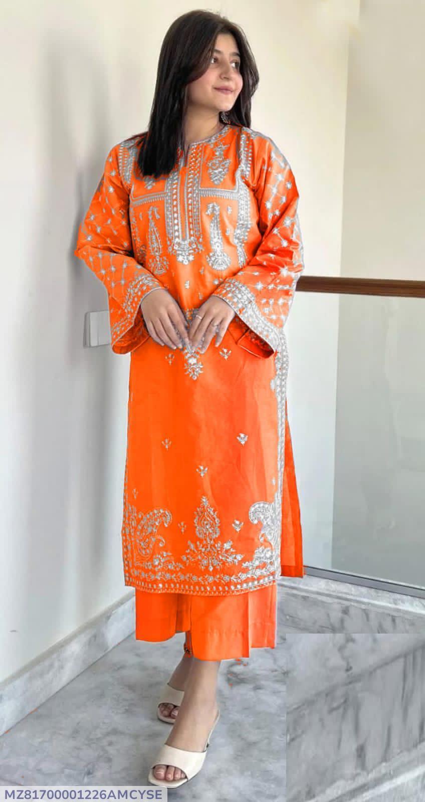Orange Embroidered Lawn Suit for Women Pakistan