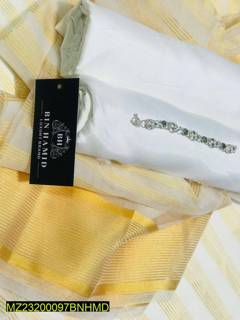 3-Piece Katan Chamki Suit Yellow White Wedding Office