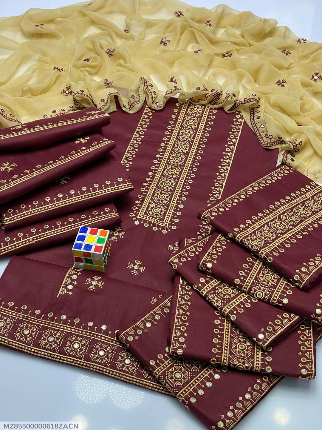 Maroon Gold Embroidered 3-Piece Unstitched Suit for Bakra Eid