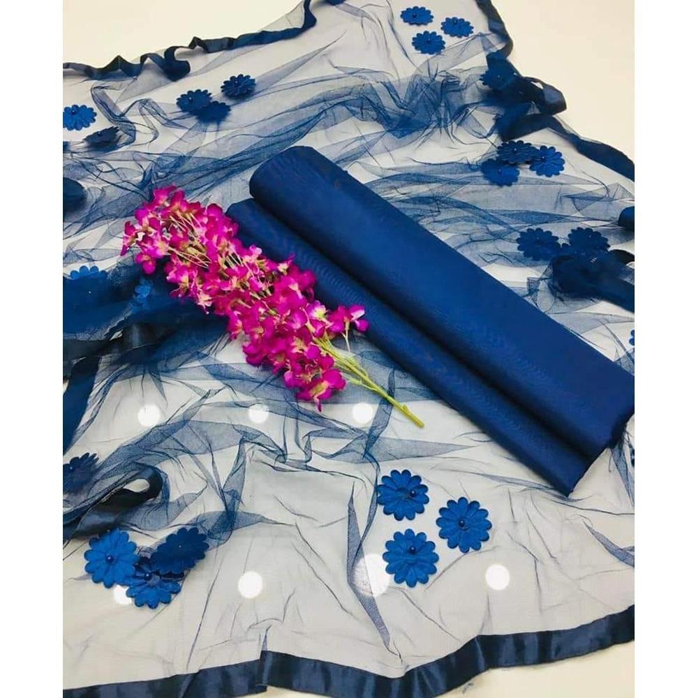 Blue Katan Silk 3-Piece Suit with Blue Net Dupatta