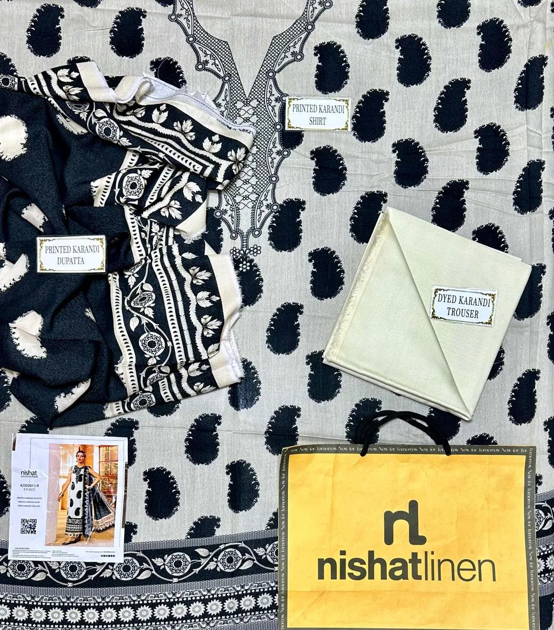 3-Piece Printed Karandi Suit Off-White Black