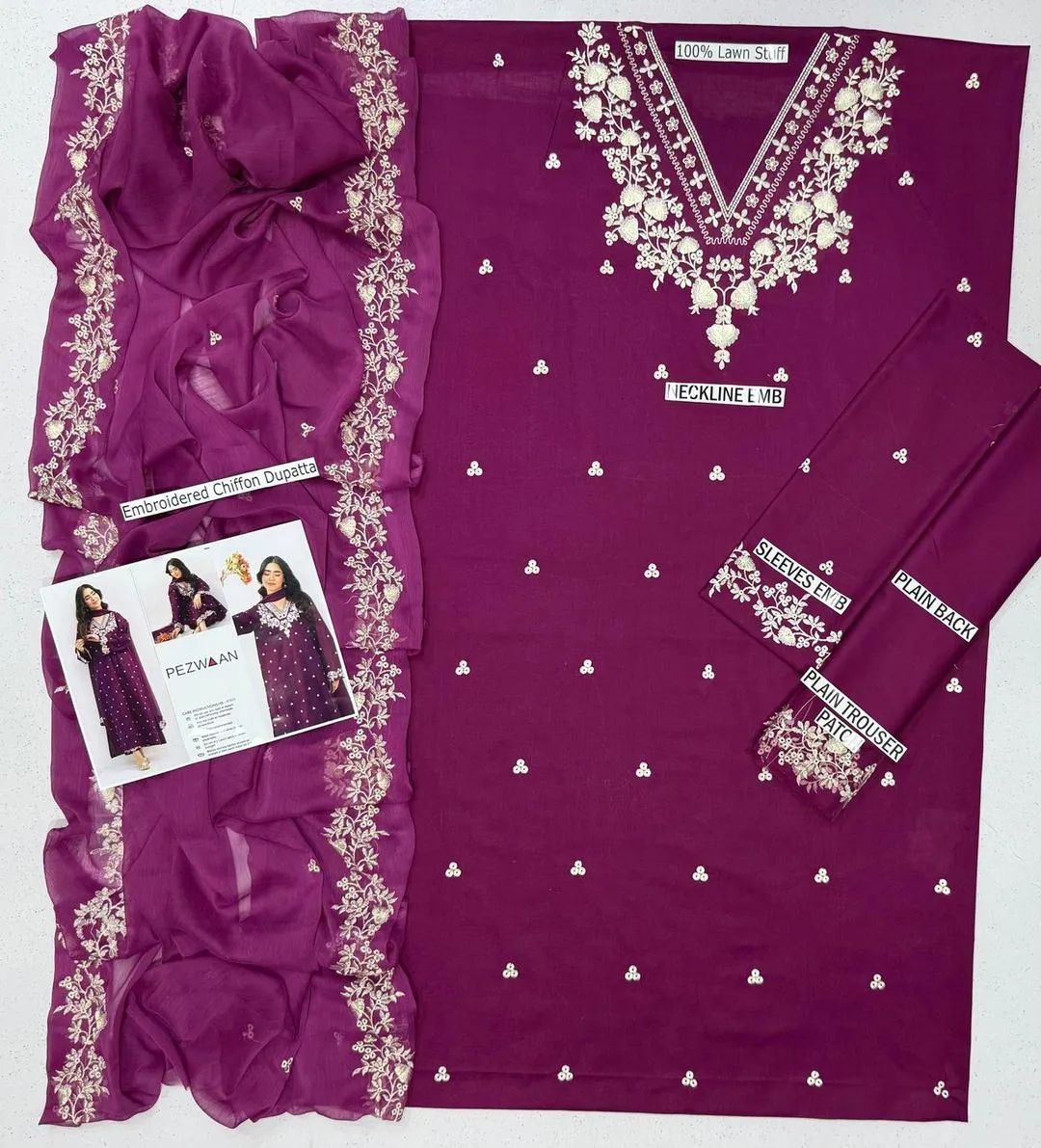 Purple Embroidered Lawn 3Pcs Set for Women
