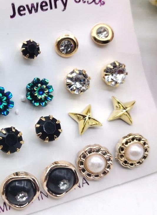 Artificial Stone Ear Studs Gold Black Green 10 Pairs