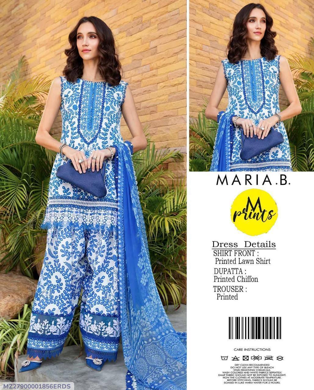 Printed Lawn 3-Piece Suit Blue White Floral Pakistan