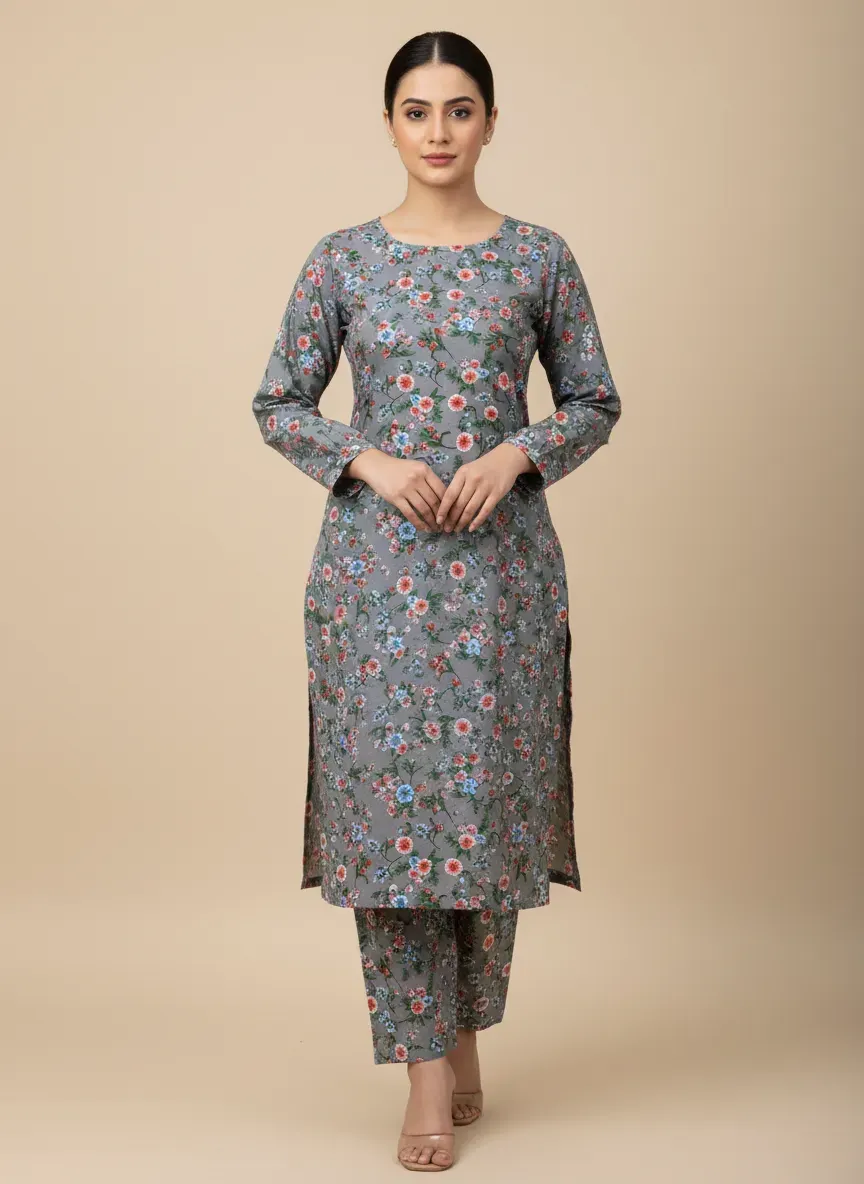 Women Unstitched Printed Suit Grey Polo Cotton 2 Pcs