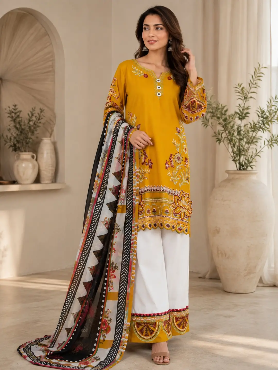 3 Pcs Women's Stitched Cotton Embroidered Suit