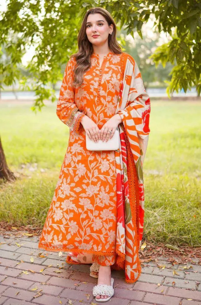 Orange Printed 3-Piece Lawn Suit for Eid Party Wear