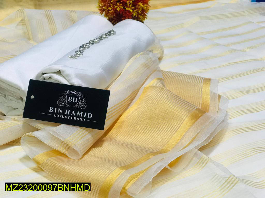 3-Piece Katan Chamki Suit Yellow White Wedding Office