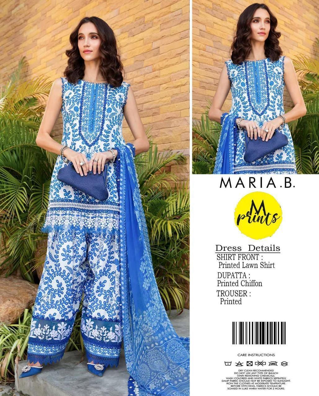 Printed Lawn 3-Piece Suit Blue White Floral Pakistan