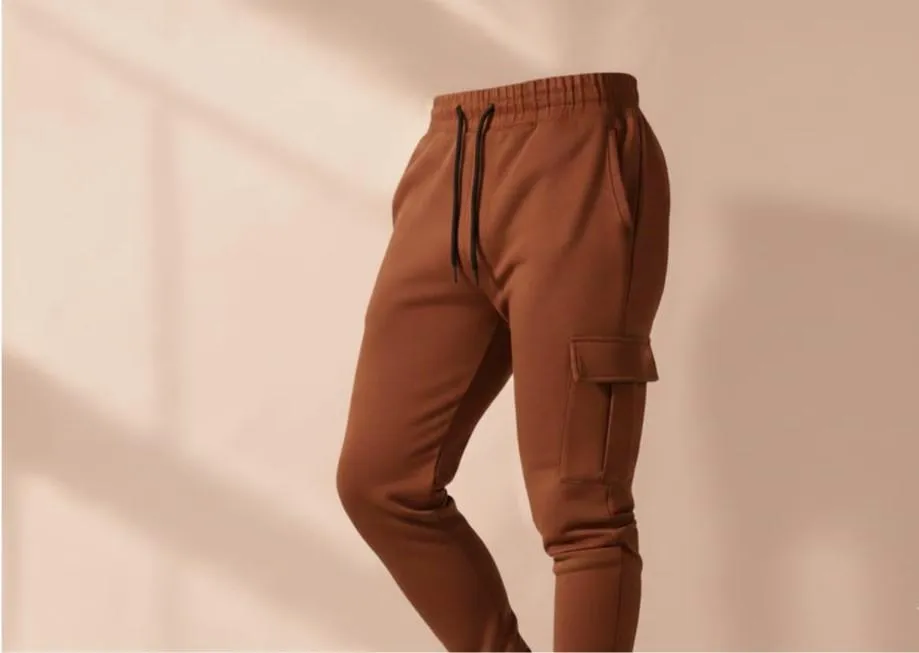 Men Brown Fleece Slim Fit Cargo Pants Winter