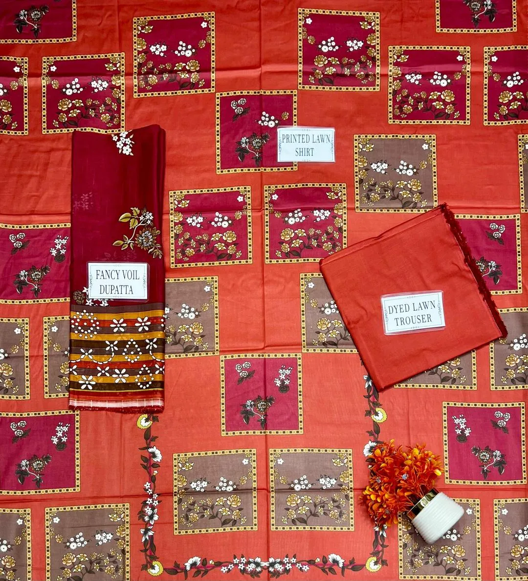 Pakistani Printed Embroidered Kurta Set Orange Red