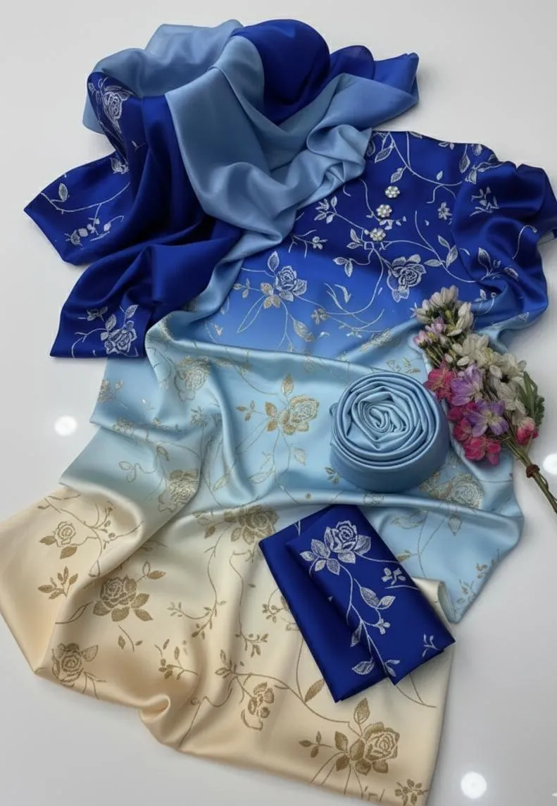 Women's 3-Piece Silk Suit Blue Gradient Floral Eid Wedding Set