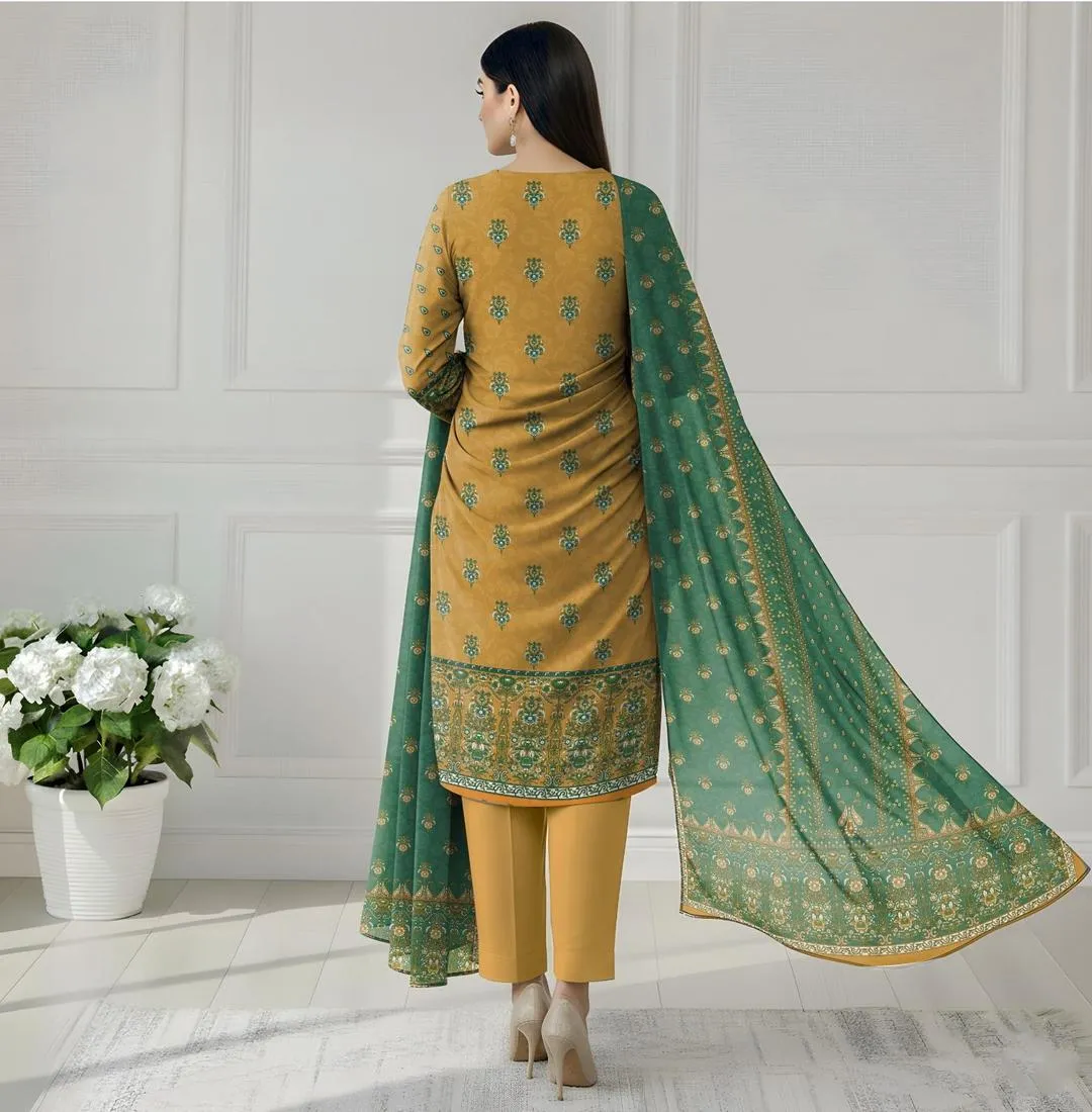 Green Embroidered Kurta Set with Yellow Trousers & Scarf