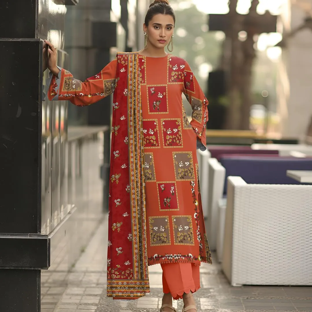Pakistani Printed Embroidered Kurta Set Orange Red