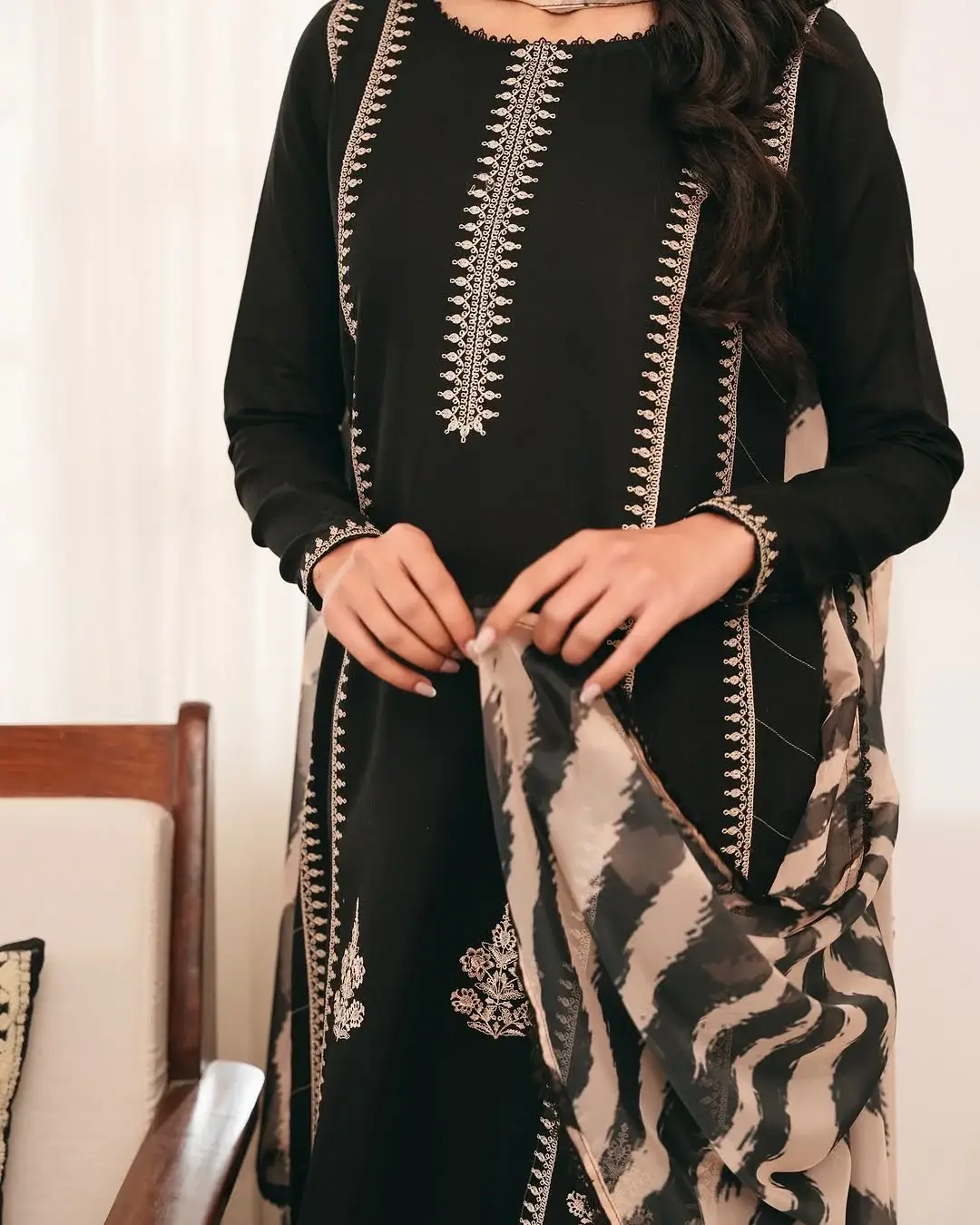 Women's Stitched Black Linen Suit with Embroidered Pattern - 3 Pcs