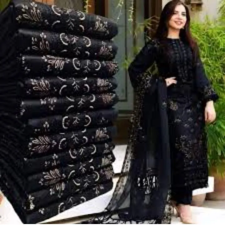 Black Embroidered 3-Piece Women's Lawn Suit with Bamber Dupatta