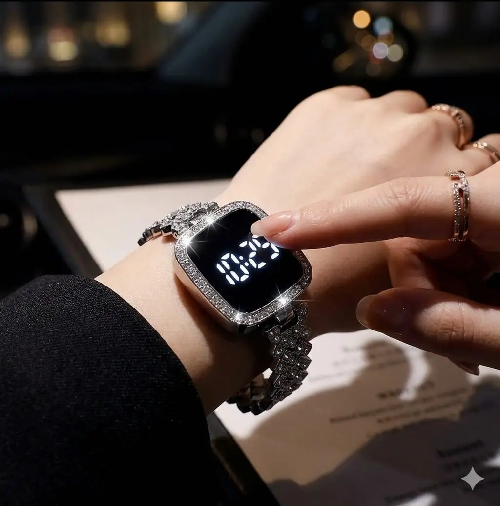 Women's Diamond Pavé Digital LED Watch | Rose Gold & Silver Rhinestone Bracelet Watch | Square Face Sparkly Wristwatch