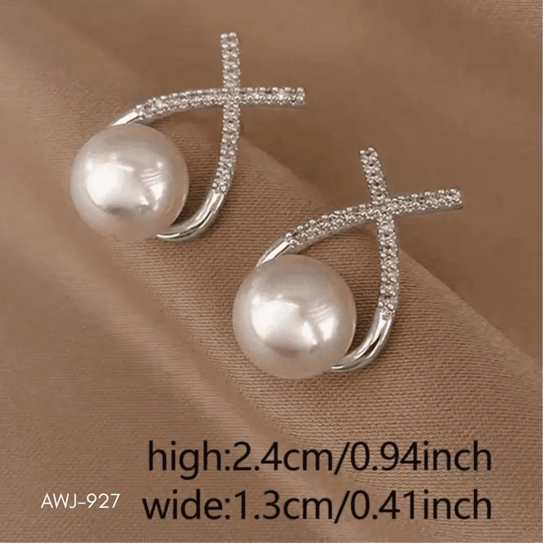 Cross Zircon Pearl Earrings Silver Gold Set